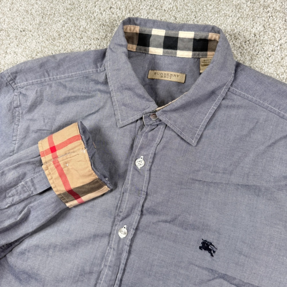 Burberry Brit Button Down Shirt Mens Medium Grey Blue Nova Check Cuff 01120